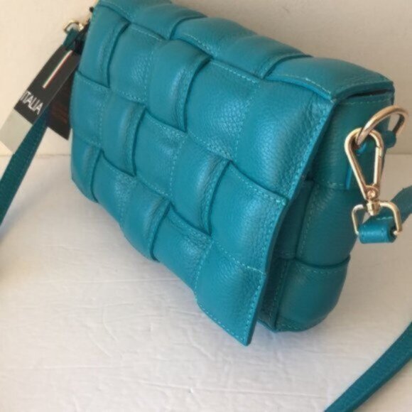 Chiara Ferretti Quilted Italy Leather Flap Over Woven Crossbody Blue Handbag - Picture 9 of 10